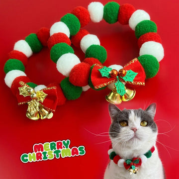 Christmas Plush Ball Pet Collar – Soft & Elastic Festive Necklace with Bow