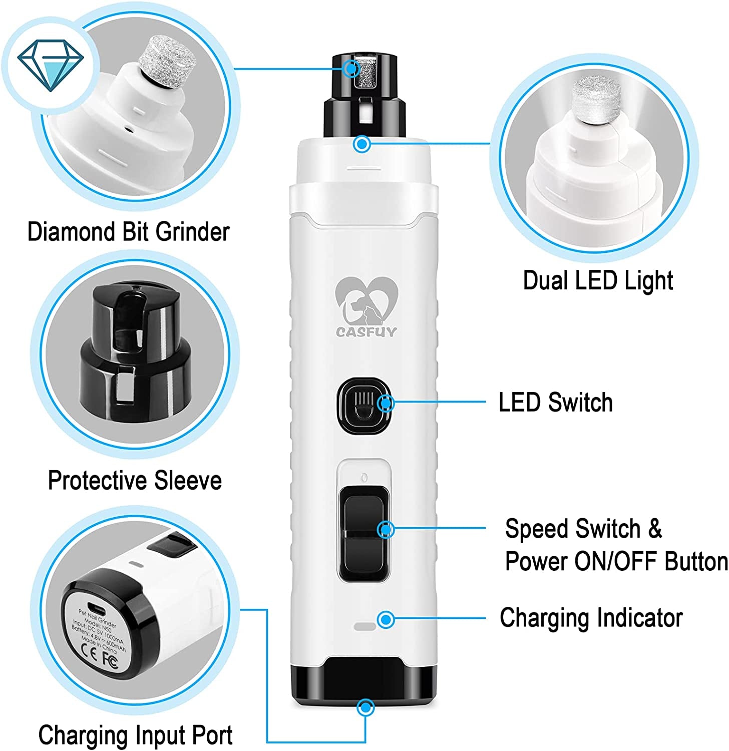 Dog Nail Grinder with 2 LED Light for Large Medium Small Dogs - 3X More Powerful 2-Speed Electric Pet Nail Trimmer Rechargeable Quiet Painless Paws Grooming & Smoothing Tool (White)