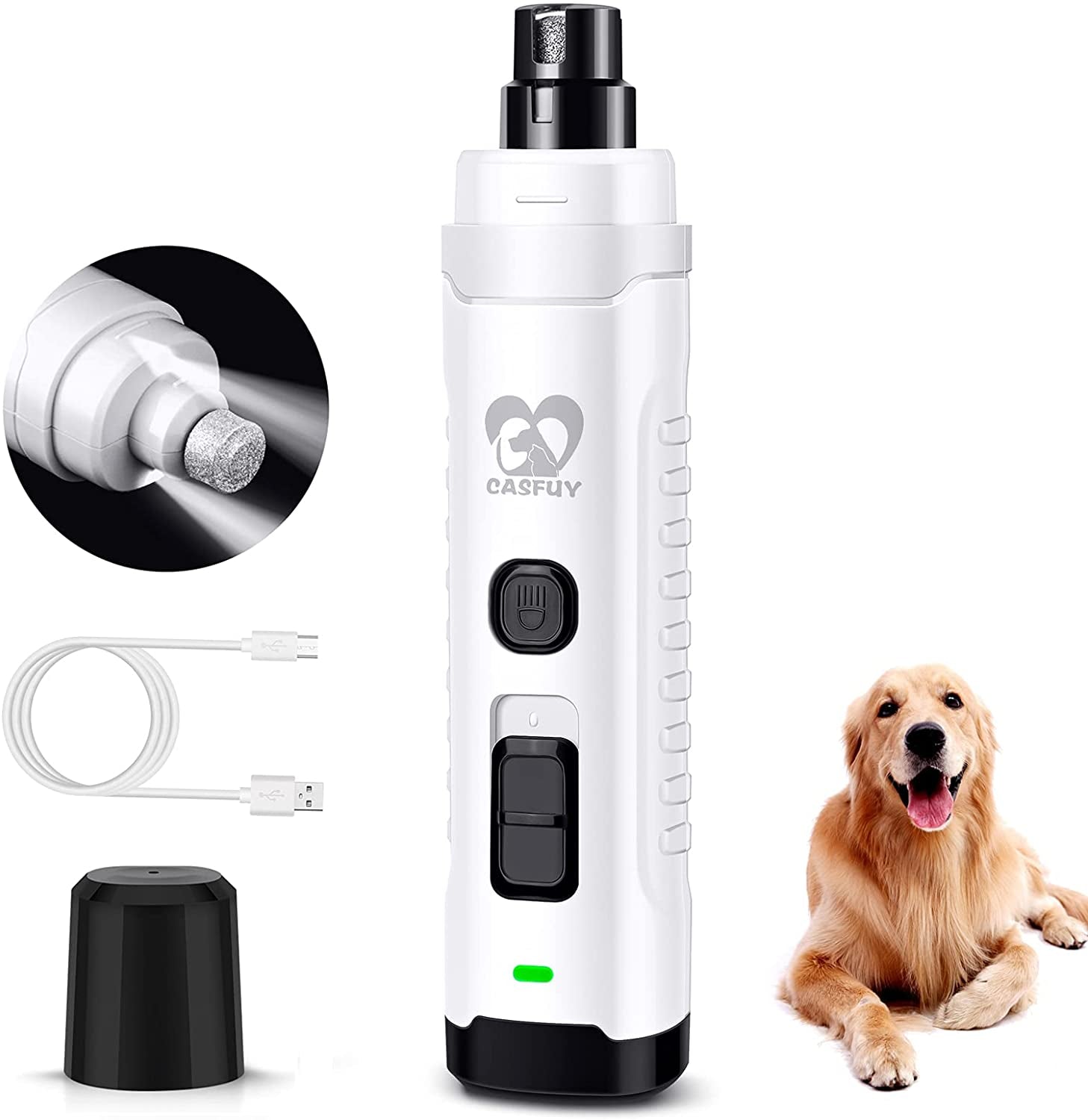 Dog Nail Grinder with 2 LED Light for Large Medium Small Dogs - 3X More Powerful 2-Speed Electric Pet Nail Trimmer Rechargeable Quiet Painless Paws Grooming & Smoothing Tool (White)