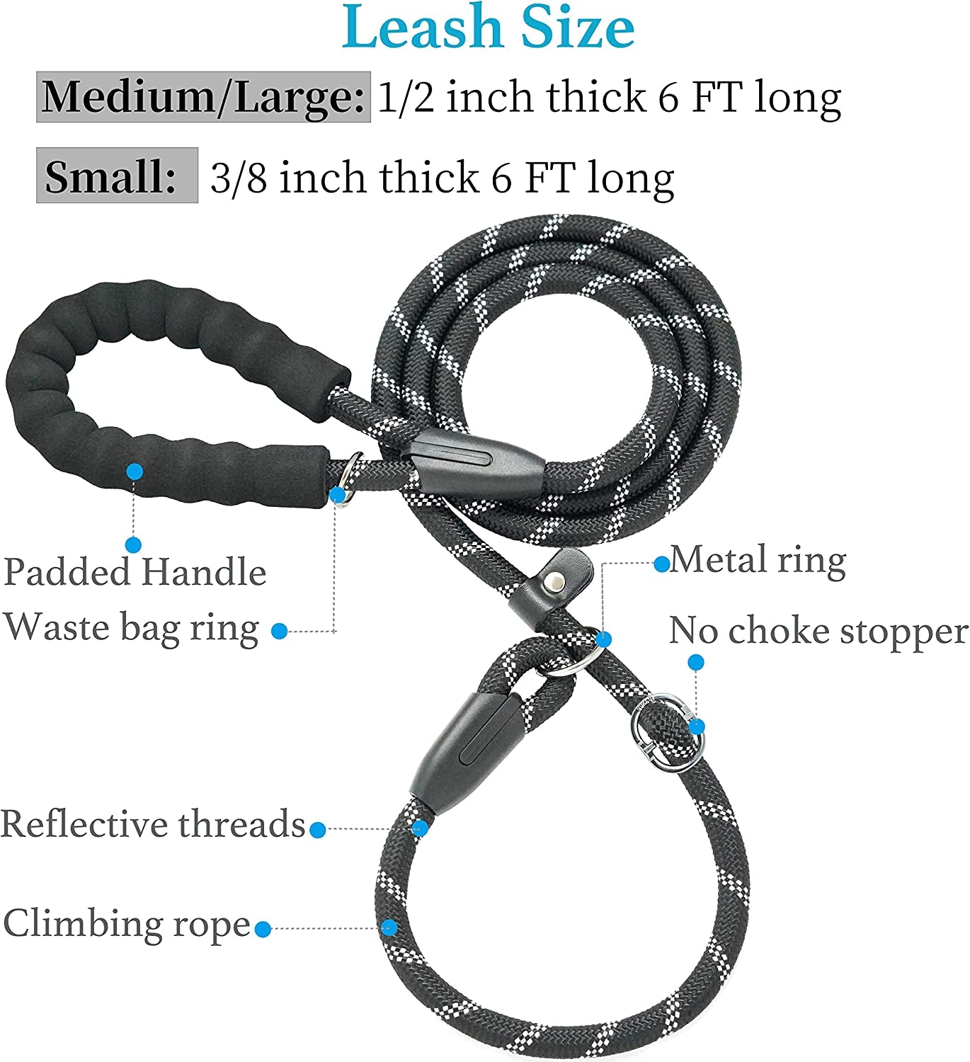 Durable No-Pull Slip Lead Dog Leash – Padded Handle & Reflective Threads for Training 