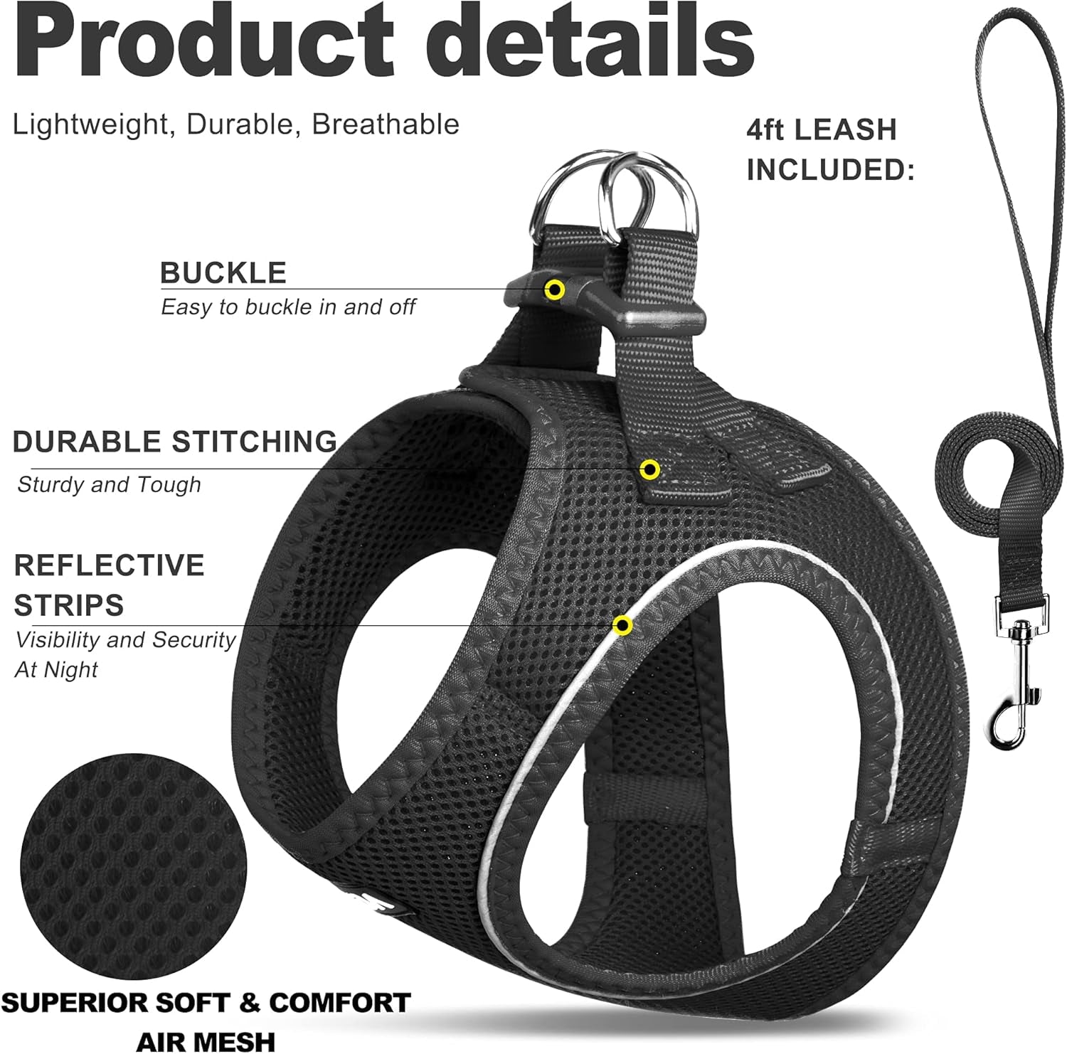 Soft & Breathable Dog Harness with Leash – Escape-Proof, Adjustable Step-In Vest for Small Pets